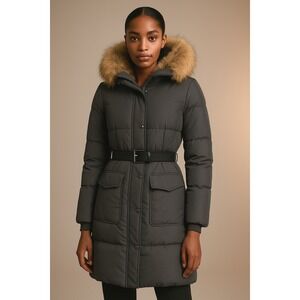 Theory Puffer Long Coat Lt Gray Sydnie Technical Goose Down Real Fur Belted Sz P